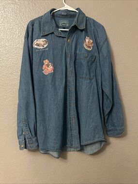 Vintage all sport jean 100% cotton L  Button-Up Shirt with cat design- Blue